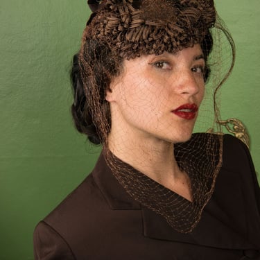 1940s Hat - Whimsical Brown Straw Topper Style 40s Title Hat with Full Face Veil and Fun Straw Curls 