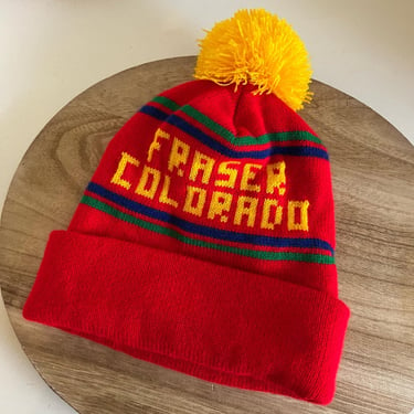 Vintage Red Soft Acrylic Knit Retro Fraser Colorado Yellow Pom Pom Beanie 