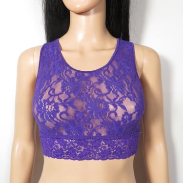 Vintage 80s Purple Stretchy Lace Racerback Bra Made In USA Size S 