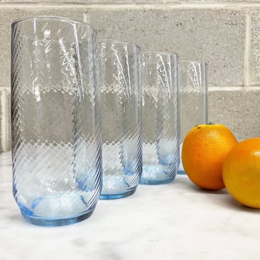 Vintage Drinking Glasses Retro 1980s Libbey Glassware + Contemporary + Clear + Blue + Swirl + Set of 4 + Tumblers + Home and Kitchen Decor 