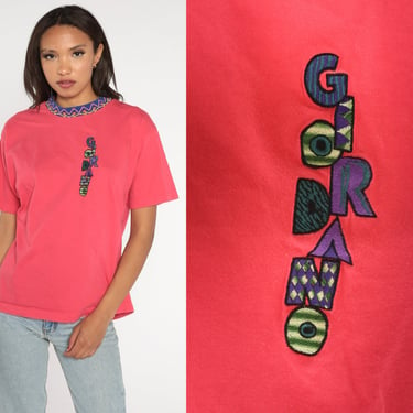 Giordano T-Shirt 90s Embroidered T Shirt Retro Logo Tee Pink Abstract Zig Zag Print Ringer Crewneck Tshirt Designer Vintage 1990s Medium 