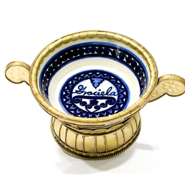 VINTAGE: Collectable Tonala Mexico Ceramic and Brass Pedestal Bowl-Marked "GRACIELA" - Mexican Folk Art - Made in Mexico - SKU 22-D-00011850 
