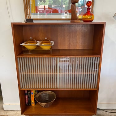 Mid Century Teak Bookcase with Frosted Glass Panels 