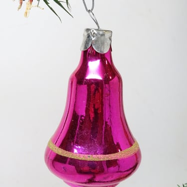 Antique 1950's Hand Blown Mercury Glass Christmas Tree Bell Ornament with Glittered Stripe, Vintage Holiday Decor 