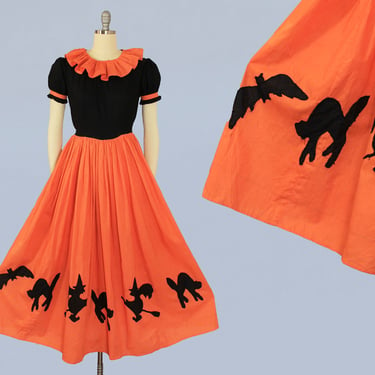 RARE Antique Halloween Dress / 1930s Novelty Dress / Puffed Sleeve Orange and Black with Cats, Witches, and Bats Appliques 