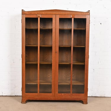 Stickley Brothers Style Antique Mission Oak Arts & Crafts Glass Front Bookcase Cabinet, Circa 1900