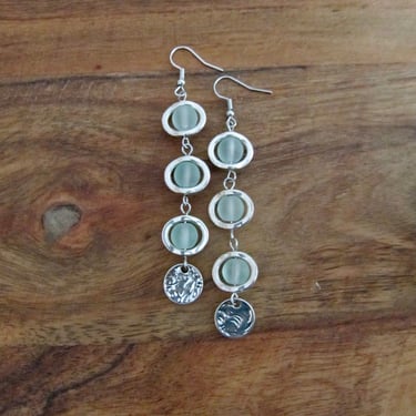 Long sea green earrings, bohemian earrings, beach earrings, frosted glass earrings, geometric earrings 2 