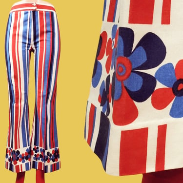 Striped flower power pants. Vintage 60s 70s spring summer July 4. Red white blue canvas bell bottom flares. Hippie mod vibrant. (28 x 29.5) 