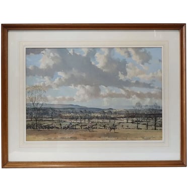 1940's Vintage GRAHAM SMITH Watercolor and Gouache Painting, The Mendip Hunt above Westbury Moor English Fox Hunt Scene 