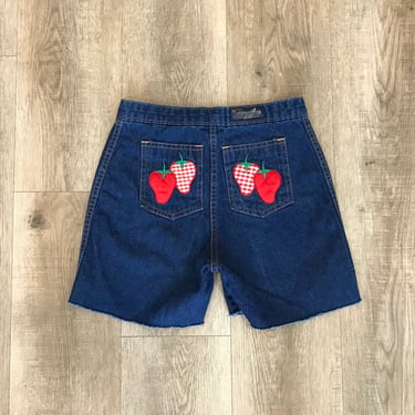 70's Vintage Strawberry Patch Cut Off Jean Shorts / Size 23 