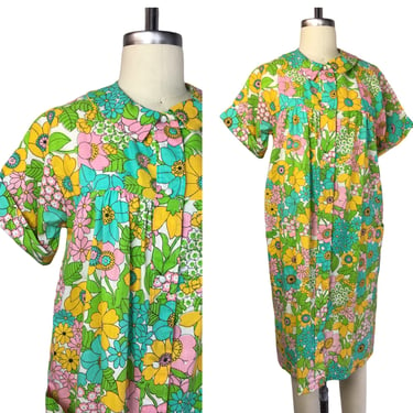 1960s Bright and Colorful Floral House Coat Dress 