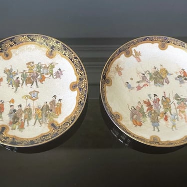 Pair Japanese Satsuma Plates with Miniature Decoration by Kinkozan