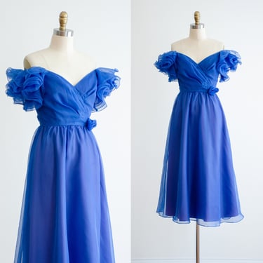 cute cottagecore dress 70s 80s vintage blue chiffon ruffled off shoulder midi dress 