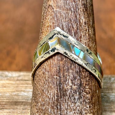 Sterling Silver Abalone Mother Of Pearl Asymmetrical Ring Mexico Stamped Size 8 