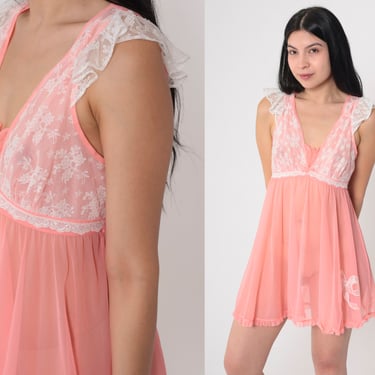 Betsey Johnson Lingerie Dress Pink Nightie White Lace Trim Bow Flutter Sleeve Mini Slip Dress Semi-Sheer Sexy Chemise Vintage Medium 