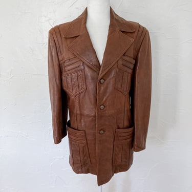70s Chestnut Brown Soft Leather Blazer Jacket with Paneled Pockets | Medium/Large 