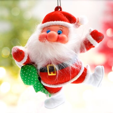 VINTAGE: Plastic Flocked Santa Ornament - Saint Nicholas, Saint Nick, Kris Kringle - Holiday, Christmas, Xmas - SKU Tub-400-00033080 