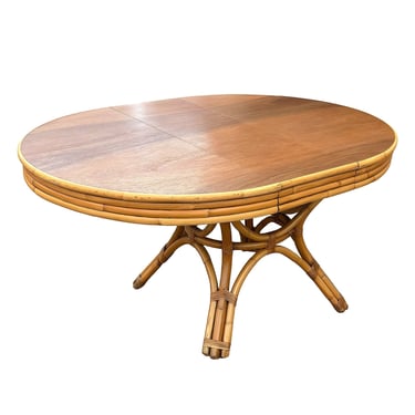 Restored Round Rattan & Mahogany Dining Table W/ Leaf 