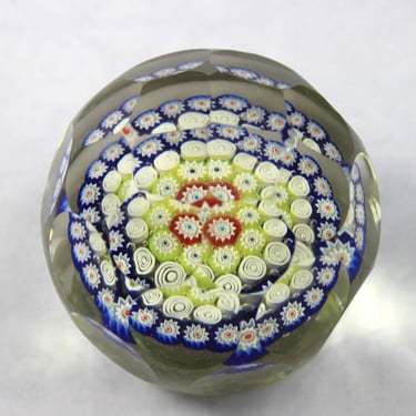 Vintage Murano Art Glass Faceted Paperweight Millefiori Flowers and Swirls 