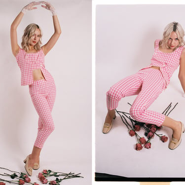 Vintage 1960s 60s Pink & White Gingham Cropped Top High Waisted Peddle Pushers Pants Trousers Two Piece Set 