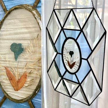 Stained Glass Wall Decor, Window Hanging, Beveled, Pressed Wild Flowers, Artisan Made, Art Glass 