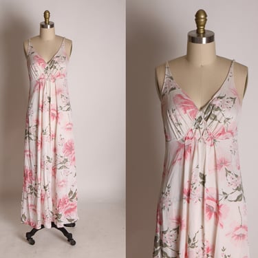 1970s Off White and Pink Sleeveless Deep V Floral Full Length Lingerie Night Gown -XS 