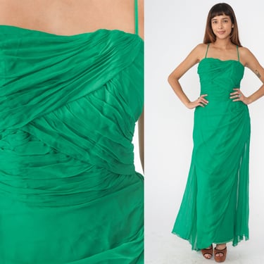 50s Party Dress Green CHIFFON Gown Spaghetti Strap 1950s Prom Maxi Formal Cocktail Dress Gathered Draped Vintage 1960s Princess Small 