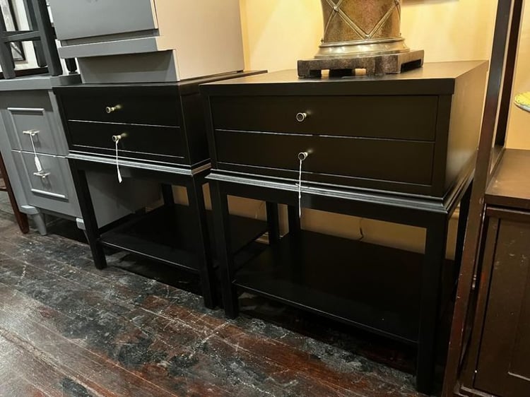 A pair! Black painted nightstands. A drawer and a shelf 21” x 15.5” x 25.5” Call 202-232-8171 to purchase