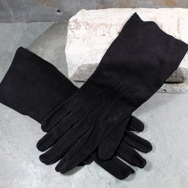 Vintage Black Hand Stitched Suede Gloves - Driving Gloves - Black Leather Slim Fit Gloves - Small Size | Bixley Shop 