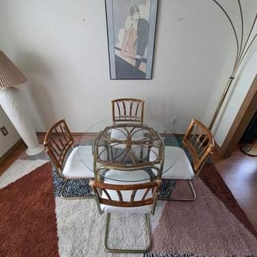 Vintage Cantilevered Brass & Bamboo Postmodern Dining Set w/ 4 Chairs