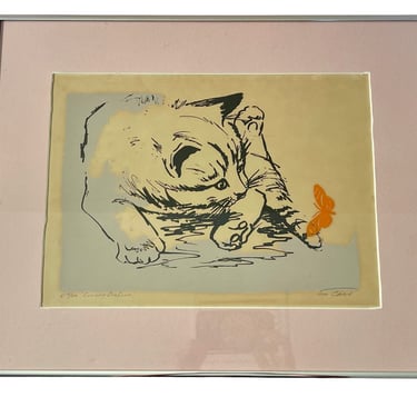 Vintage Cat Art Concentration 18/200 Signed + Numbered Playful Cat Lithograph by Joan Chase 