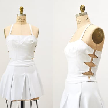 2000s Y2K Vintage White Leather Halter Top and mini Skirt Pinga Brazil Vegas Showgirl Small Medium 90s 2000s Leather cut out crop top Skirt 