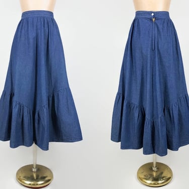 VINTAGE 80s Long Full Denim Skirt by Kayo of California | 1980s Ruffle Hem High Waist Jean Skirt Sz 8 | Western Cottagecore | VFG 