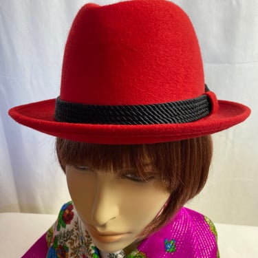 Red Fedora hat with black braided band~ costume felt hats holiday costuming~ vibrant colorful brim hat unisex size Medium/ 23” 