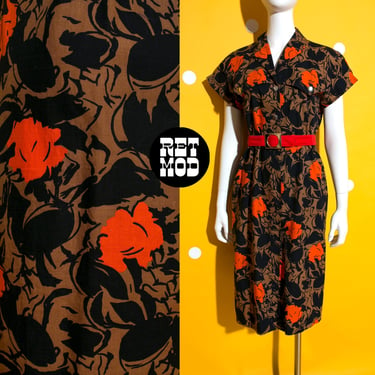 Unique Vintage Black Brown Orange Floral Cotton Day Dress 