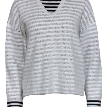 Theory - White & Black Reverse Stripe V-Neckline Sweater Sz M