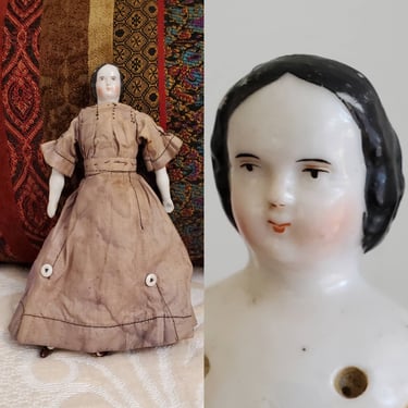 Antique Dollhouse Doll with Painted Black Hair and Middle Part - Antique Miniature Dolls - Collectible Dolls 7.5