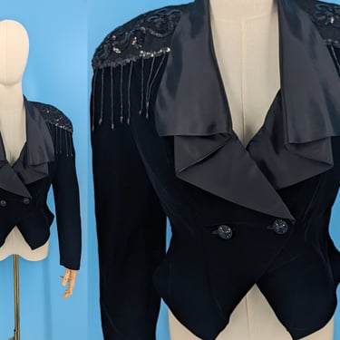 Vintage 80s Black Velvet Cropped and Fitted Western Tuxedo Jacket with Broad Shoulders and Beaded Trim - Size 9 