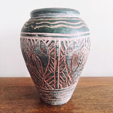 Vintage Terracotta Vase with Fish Motifs - Made in Thailand 