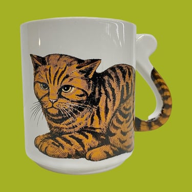 Vintage Cat Mug Retro 1980s Contemporary + White Porcelain + Orange and Black Tabby + Tail Handle + Cat Lover Gift + Cat Kitchen + Drinking 