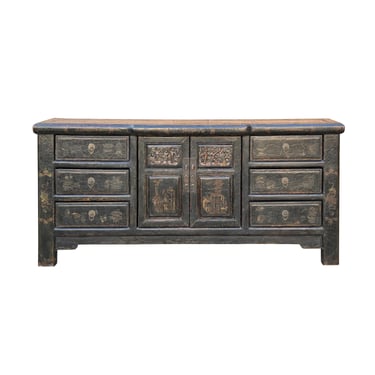 Oriental Distressed Black Golden Graphic Credenza Sideboard Table Cabinet ws4492E 