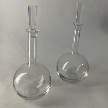 Rare Pair Vicke Lindstrand Orrefors Crystal Decanters - Self-Righting Weighted Base | Vintage MCM Swedish Art Glass (LA 416) 