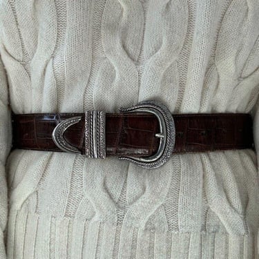 Brighton Womens 1995 Brown Leather Croc Embossed Western Hippie Belt Sz M 