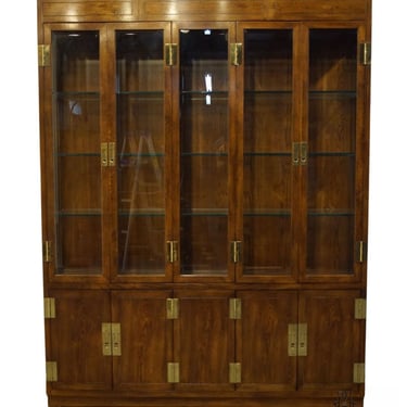 HENREDON FURNITURE Solid Walnut Italian Campaign Style 65" Lighted Display China Cabinet 9100-22 