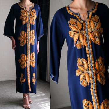 Vintage 60s 70s Navy Blue Kaftan Hand Embroidered Floral Design | Rayon/Cotton Blend | Boho, Hippie | 1960s 1970s Handmade Bohemian MuuMuu 