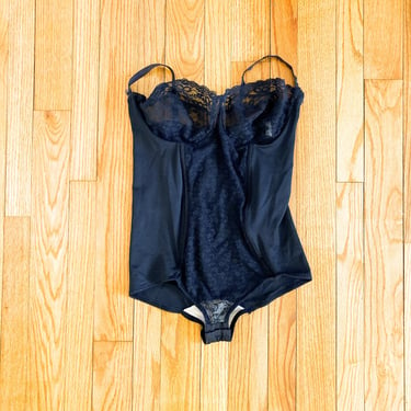 70s Black Floral Lace Teddy Paneled Lingerie Bodysuit | Large/40D 