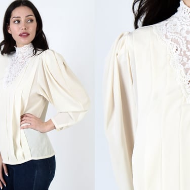 Ivory Lace Victorian Style Blouse / Vintage 70s See Through Antique Top / High Neck Floral Print Material / Large Billowy Balloon Sleeves 
