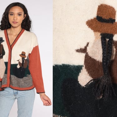 Peruvian Knit Cardigan Baby Alpaca Wool Sweater 80s Button Up Sweater Peru Portrait Women Boho Cream Rust 90s Bohemian Vintage Medium M 