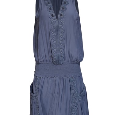 Ramy Brook - Steel Blue Satin Sleeveless Dress w/ Embroidered Trim Sz M