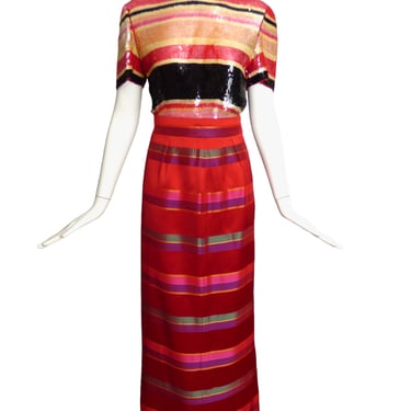 VICTOR COSTA- 1980s 2pc Sequin & Satin Stripe Dress, Size-6